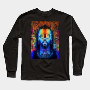 Cyberdude // Man in futuristic glasses by neon light. Stylization as a portrait in oil painted. Graffiti style x spray drip Long Sleeve T-Shirt